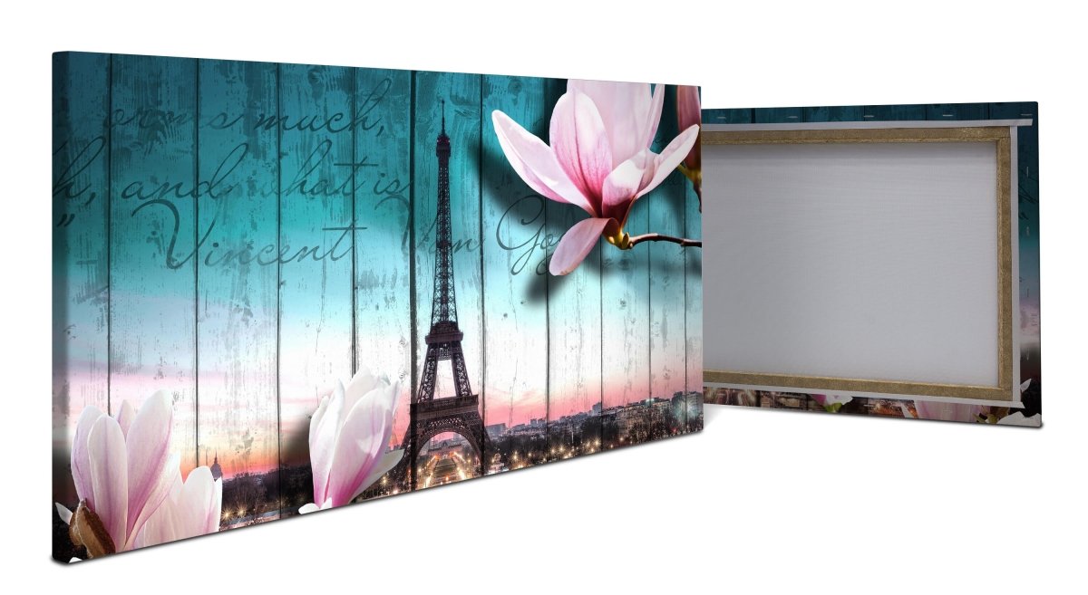 Leinwandbild Holz Blüten Paris Eiffelturm M0543 - Bild 1