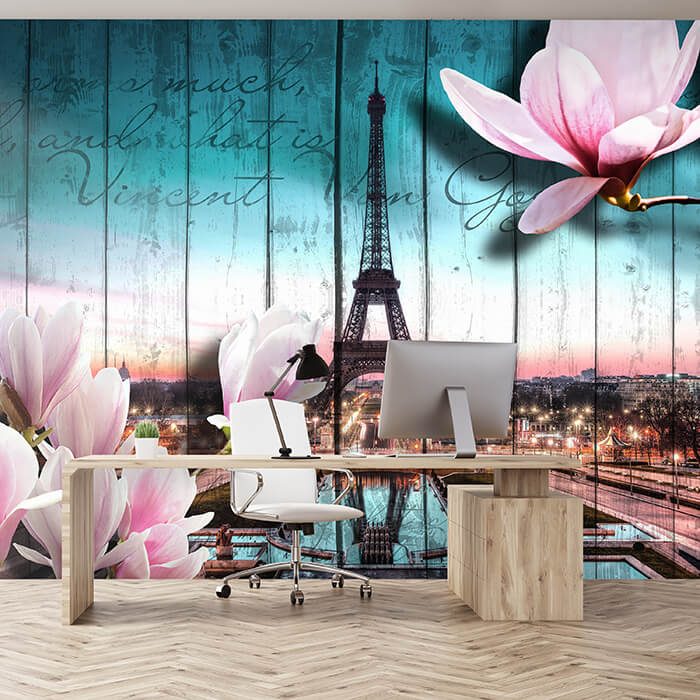 Fototapete Holz Blüten Paris Eiffelturm M0543 - Bild 1