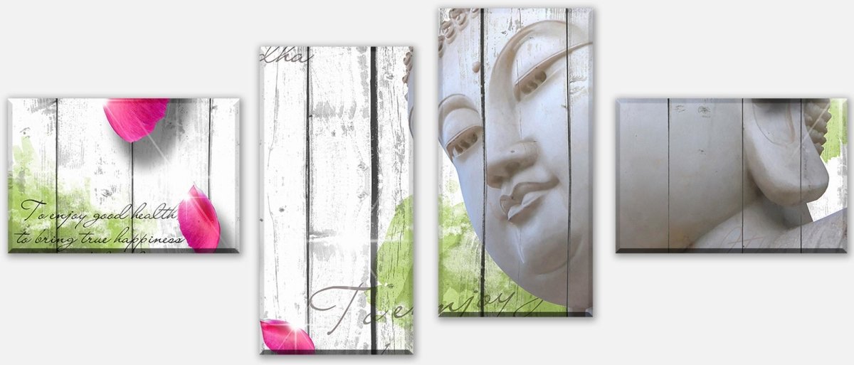 Leinwandbild Mehrteiler Holz Blüten Buddha M0544