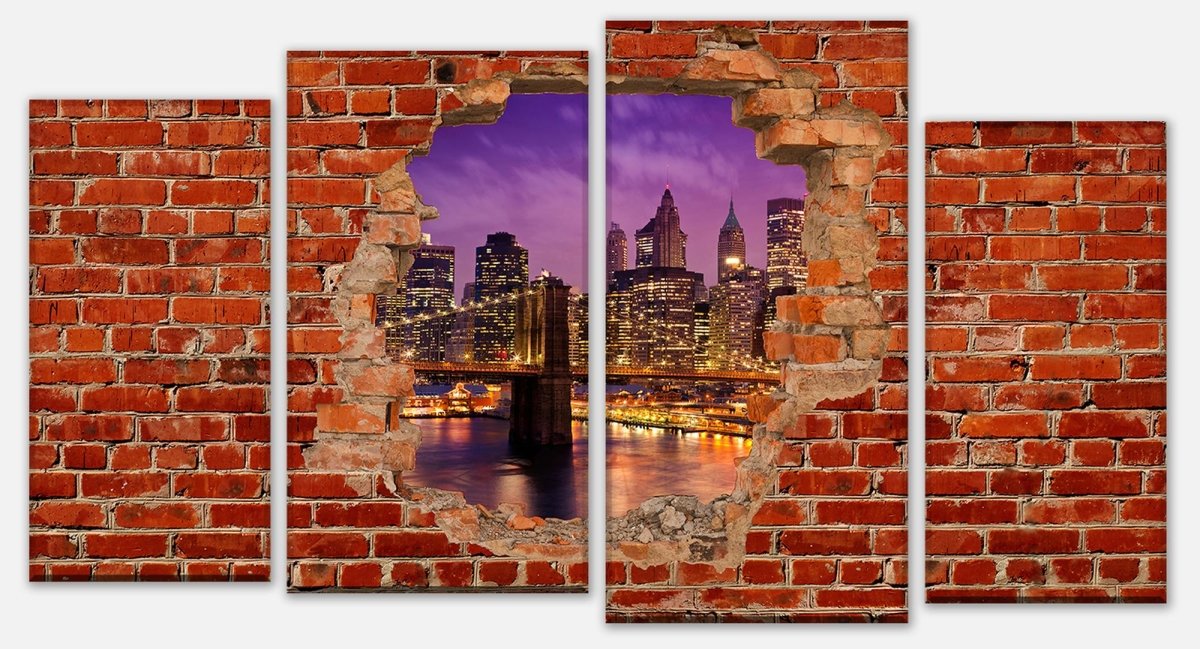 Stretched Canvas Print New York at Night - Red Brick M0611