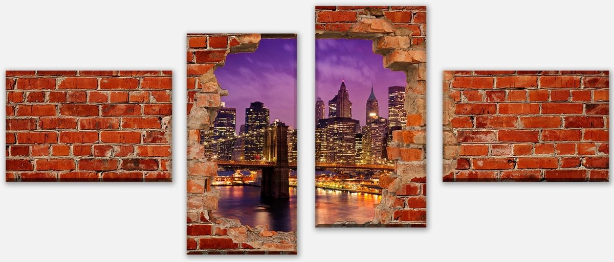 Stretched Canvas Print New York at Night - Red Brick M0611