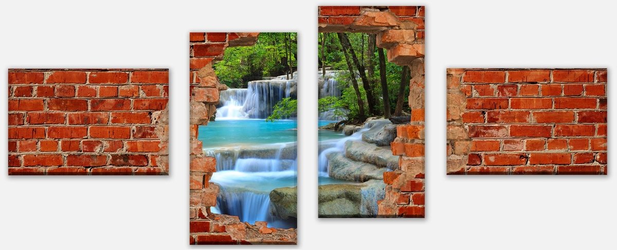 Stretched Canvas Print Waterfall in the Forest - Red Brick M0618