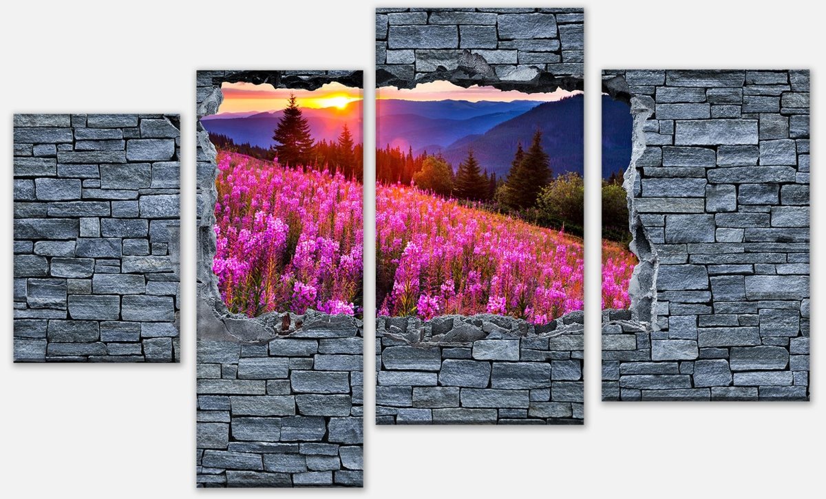 Leinwandbild Mehrteiler 3D Herbst in den Bergen - grobe Steinmauer M0621