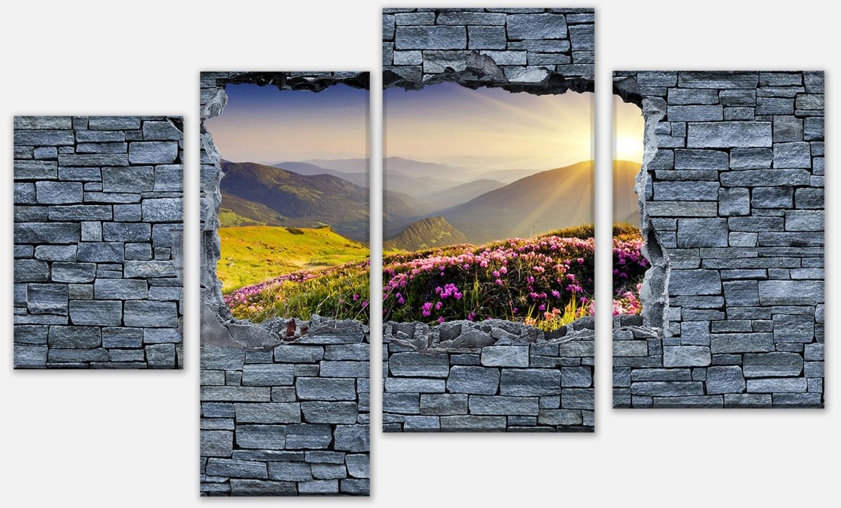 Canvas Print Multi-Piece 3D mountain ridges in sunlight - stone wall M0624