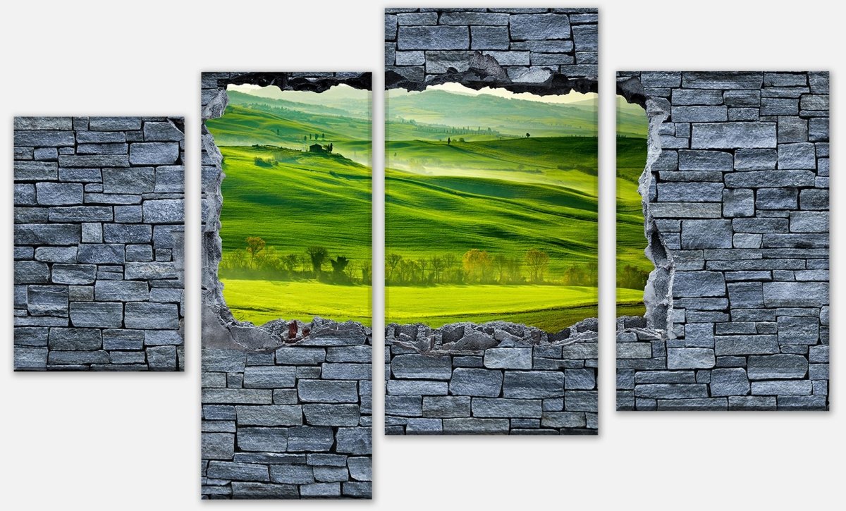 Leinwandbild Mehrteiler 3D Grüne Toskana - grobe Steinmauer M0625