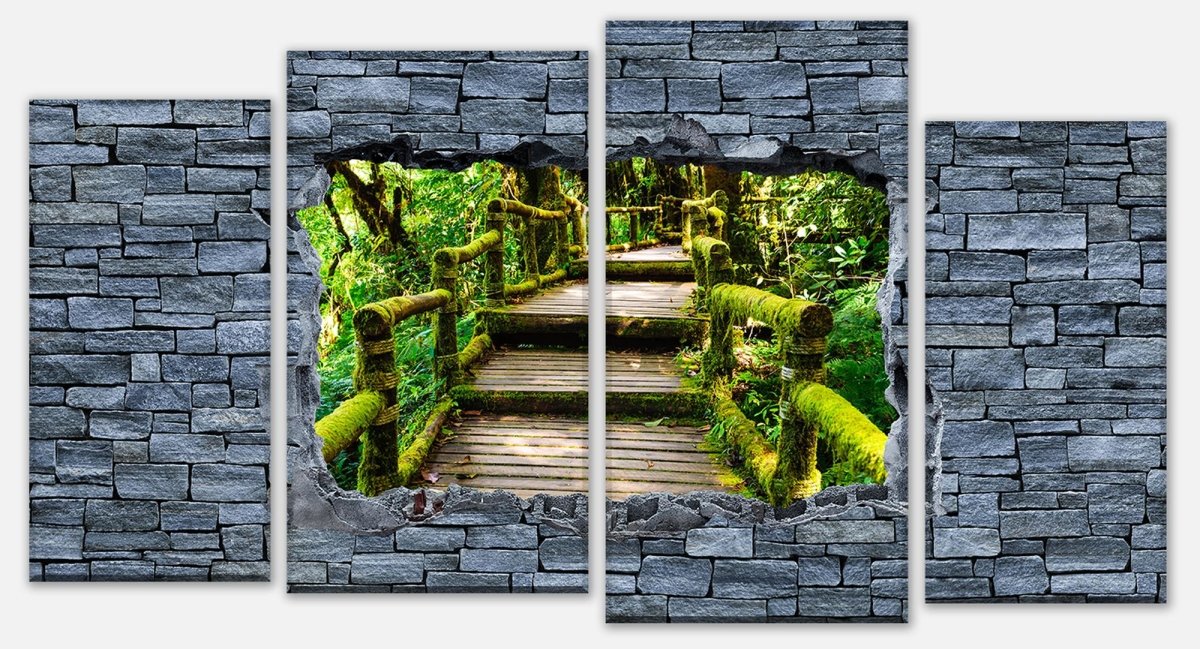 Canvas print Multi-part 3D optics - wooden stairs in the jungle - stone wall M0626