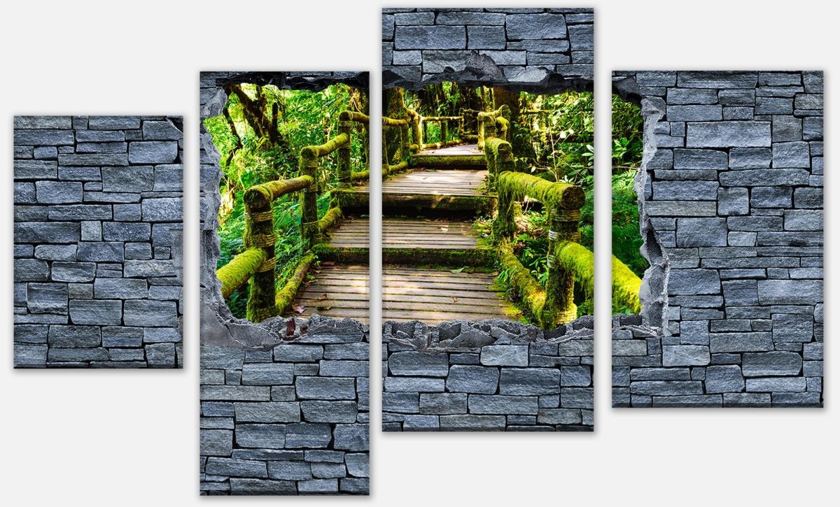 Canvas print Multi-part 3D optics - wooden stairs in the jungle - stone wall M0626