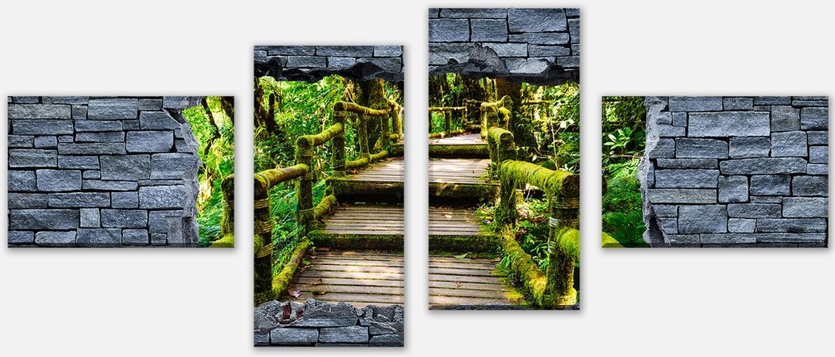 Canvas print Multi-part 3D optics - wooden stairs in the jungle - stone wall M0626