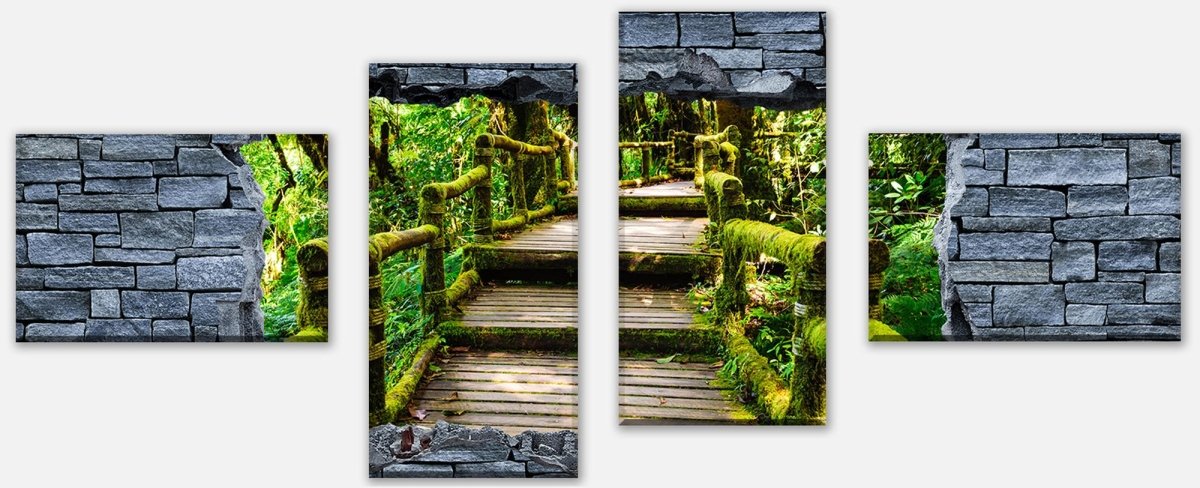 Canvas print Multi-part 3D optics - wooden stairs in the jungle - stone wall M0626