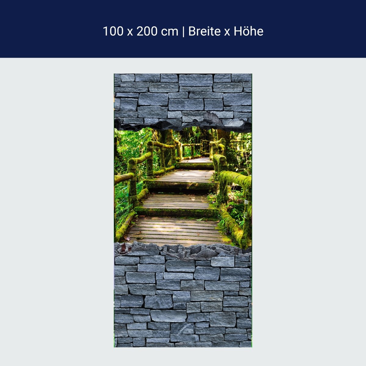 Door wallpaper 3D optics - wooden stairs in the jungle - stone wall M0626
