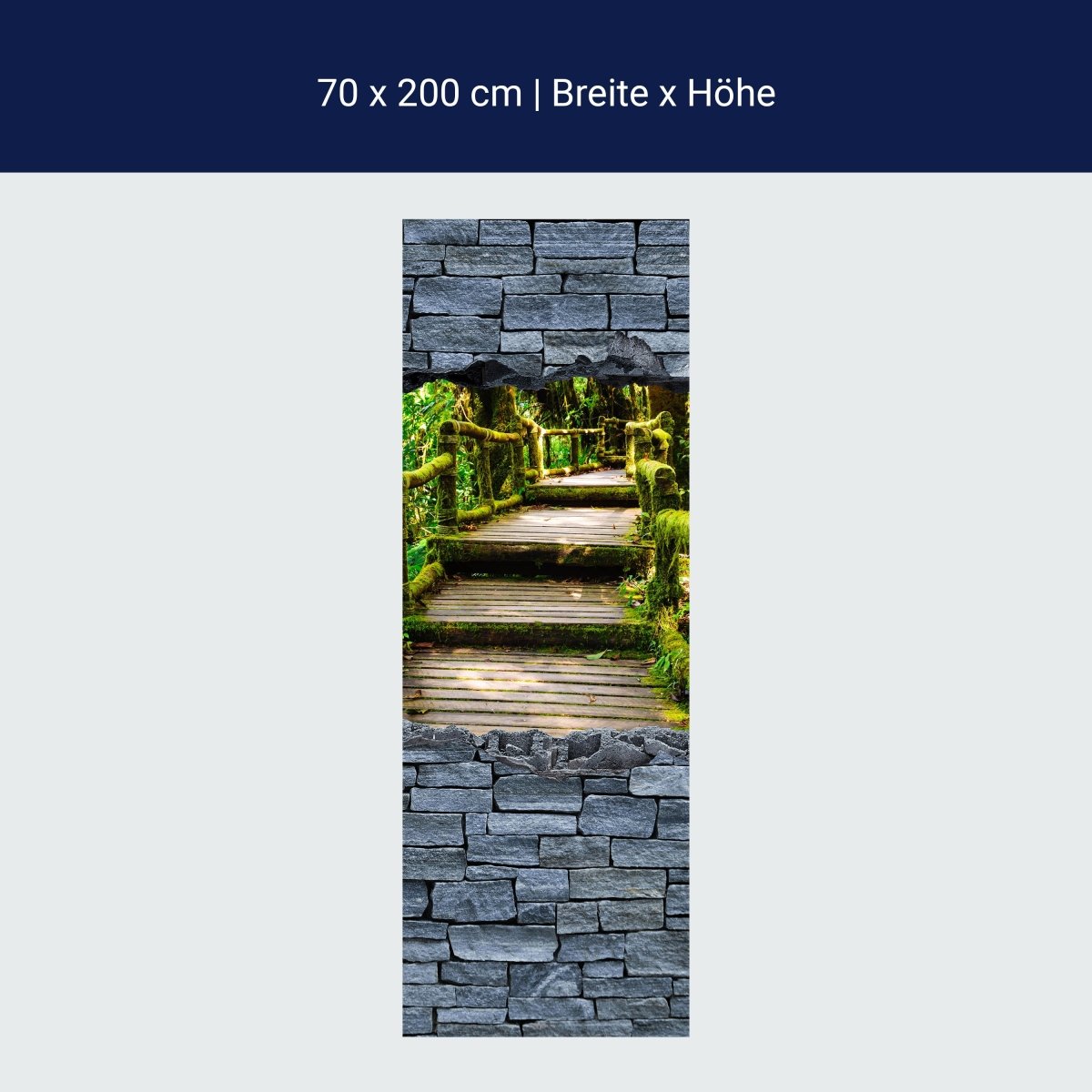 Door wallpaper 3D optics - wooden stairs in the jungle - stone wall M0626