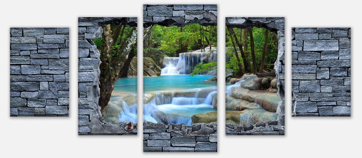 Leinwandbild Mehrteiler 3D Erawan Wasserfall im Thailand - Steinmauer M0627 entdecken - Bild 1