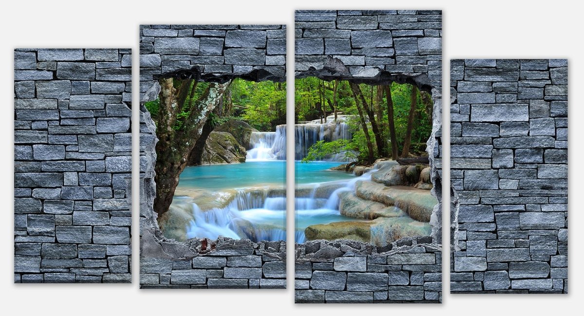 Leinwandbild Mehrteiler 3D Erawan Wasserfall im Thailand - Steinmauer M0627