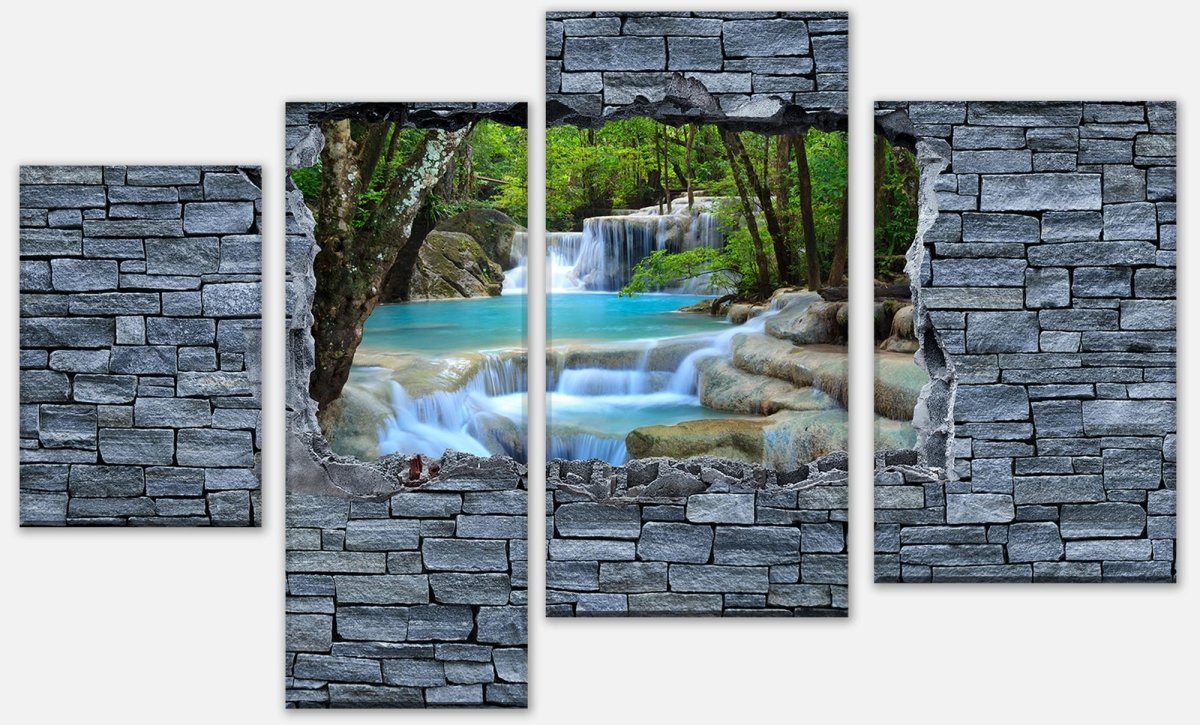 Leinwandbild Mehrteiler 3D Erawan Wasserfall im Thailand - Steinmauer M0627