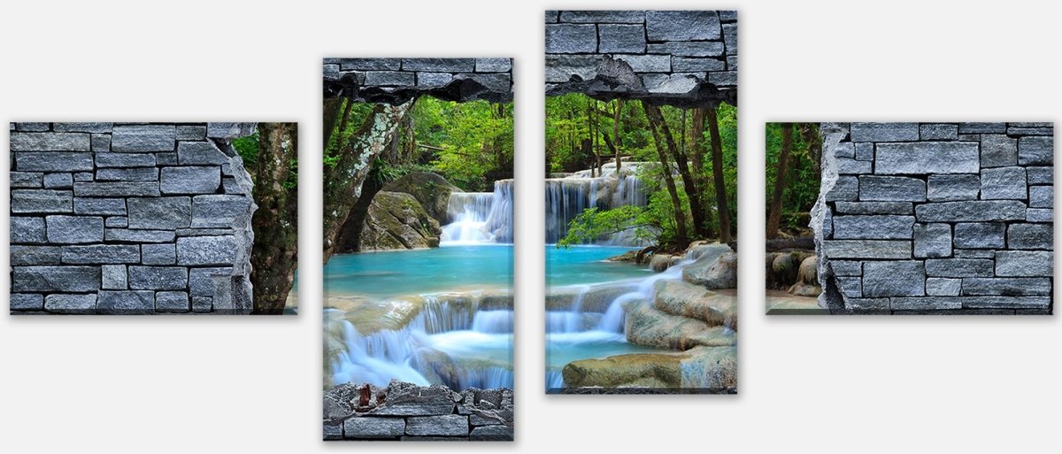 Leinwandbild Mehrteiler 3D Erawan Wasserfall im Thailand - Steinmauer M0627