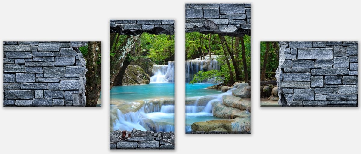 Tableau sur toile 3D Cascade d'Erawan en Thaïlande - mur de pierre M0627