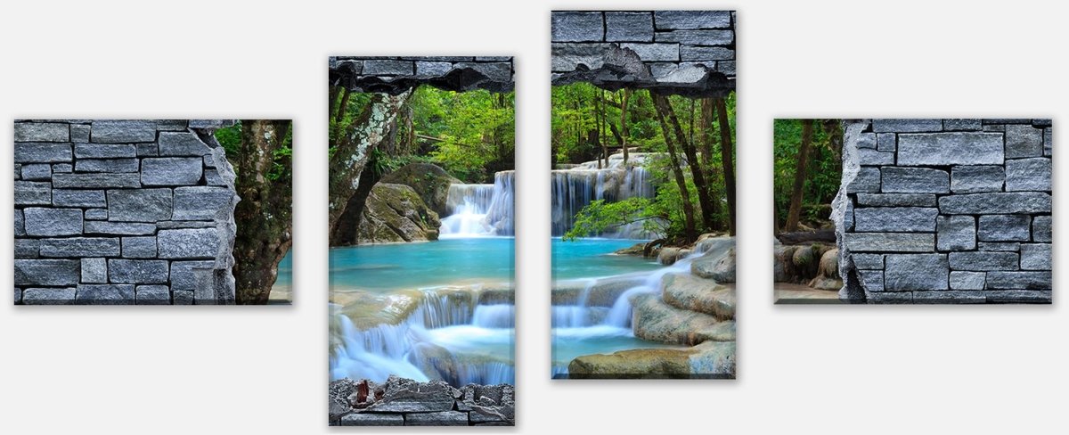 Leinwandbild Mehrteiler 3D Erawan Wasserfall im Thailand - Steinmauer M0627