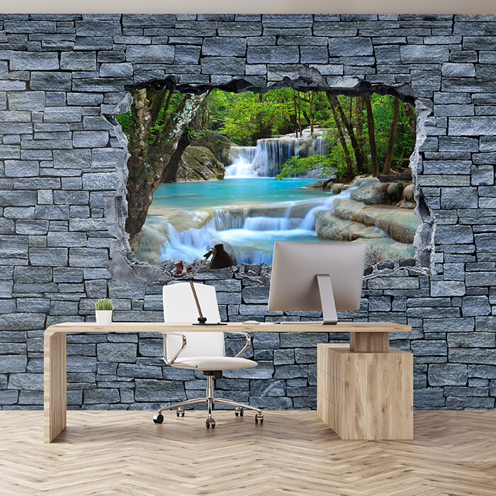 Fototapete 3D Erawan Wasserfall im Thailand - Steinmauer M0627 - Bild 1