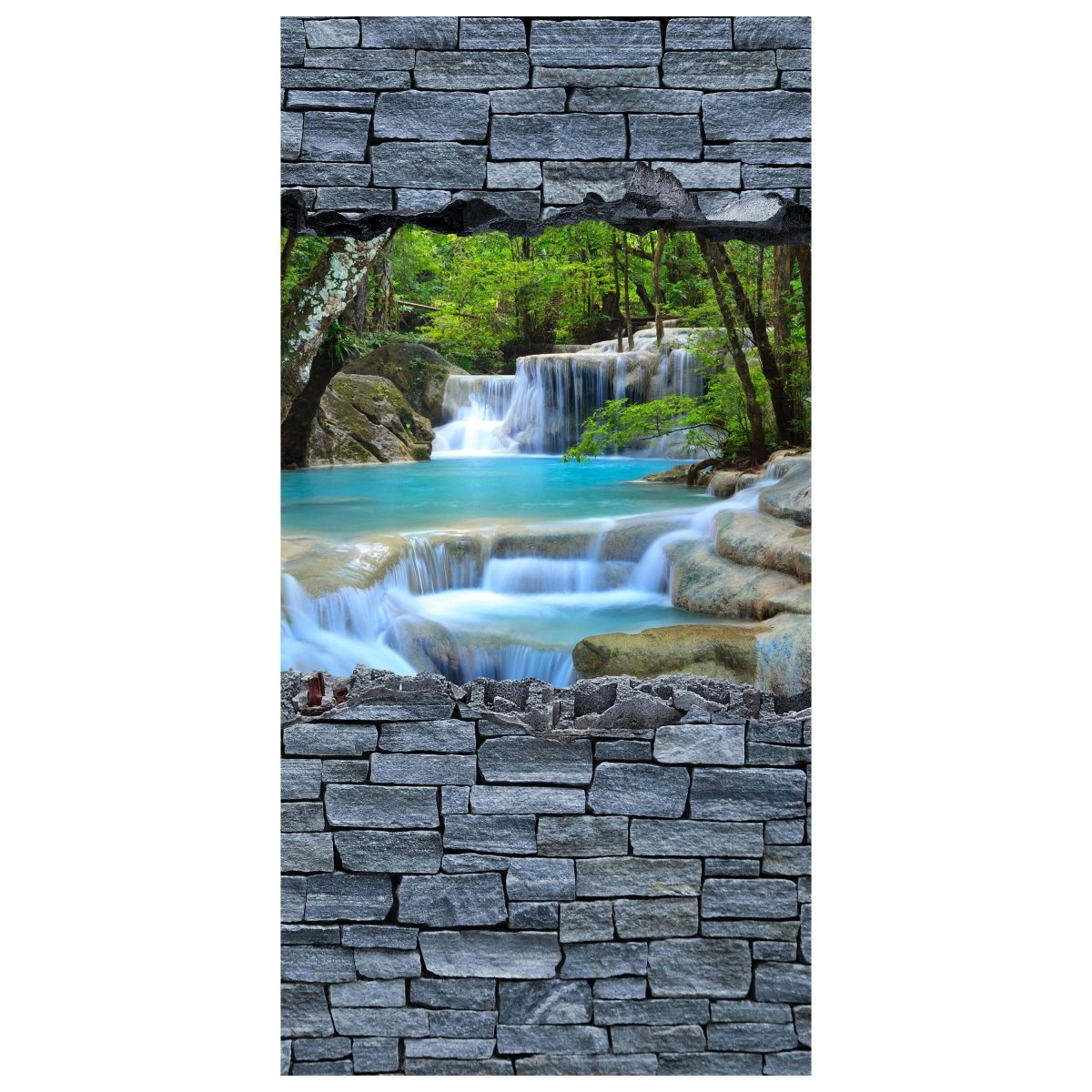 Türtapete 3D Erawan Wasserfall im Thailand - Steinmauer M0627 - Bild 2