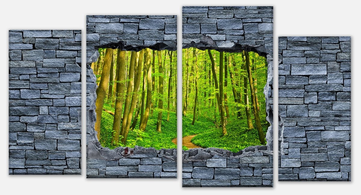 Canvas print Multi-Part 3D Path in the forest - rough stone wall M0628