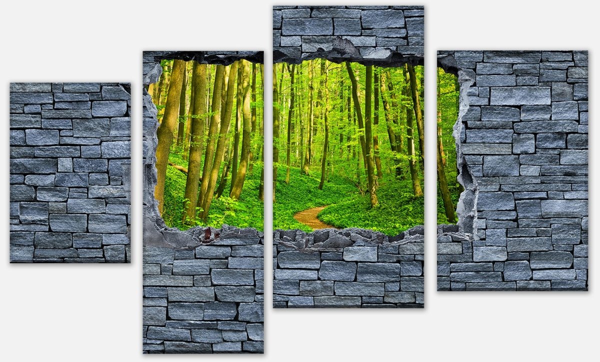 Leinwandbild Mehrteiler 3D Weg im Wald - grobe Steinmauer M0628