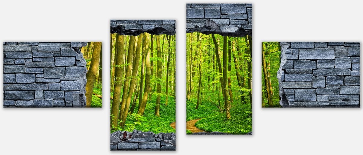 Leinwandbild Mehrteiler 3D Weg im Wald - grobe Steinmauer M0628