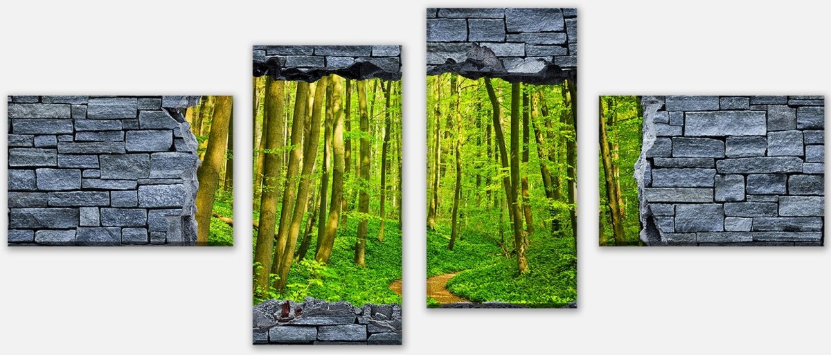 Canvas print Multi-Part 3D Path in the forest - rough stone wall M0628