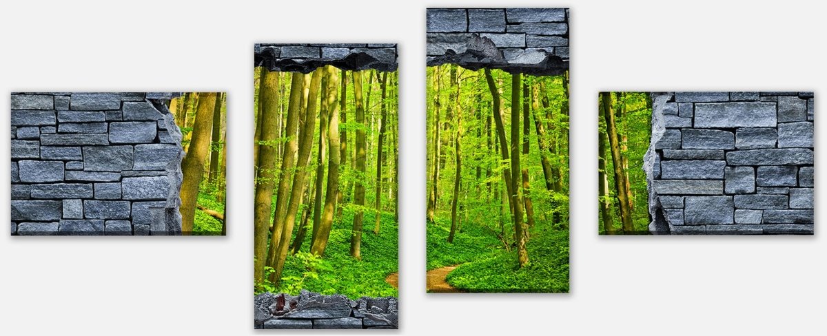 Canvas print Multi-Part 3D Path in the forest - rough stone wall M0628