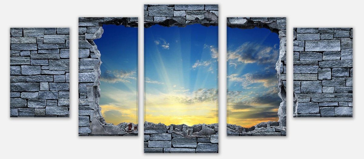 Leinwandbild Mehrteiler 3D Sonnenaufgang - grobe Steinmauer M0630 entdecken - Bild 1