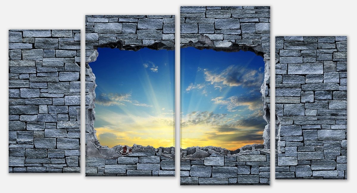 Leinwandbild Mehrteiler 3D Sonnenaufgang - grobe Steinmauer M0630