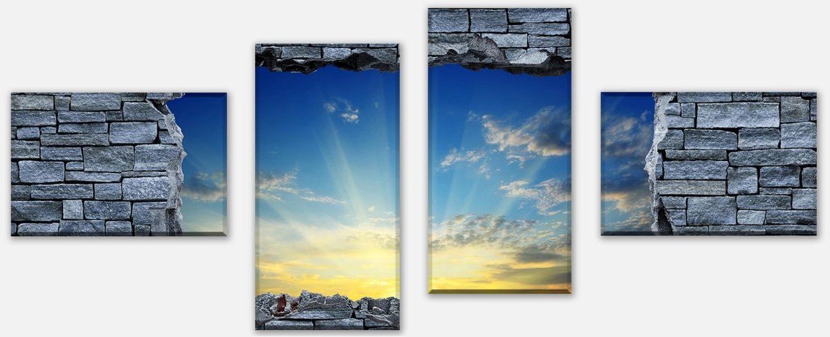 Leinwandbild Mehrteiler 3D Sonnenaufgang - grobe Steinmauer M0630