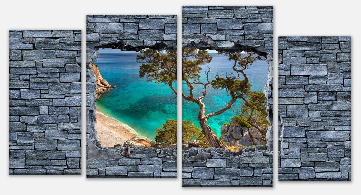 Stretched Canvas Print 3D Old tree on a cliff - rough stone wall M0636