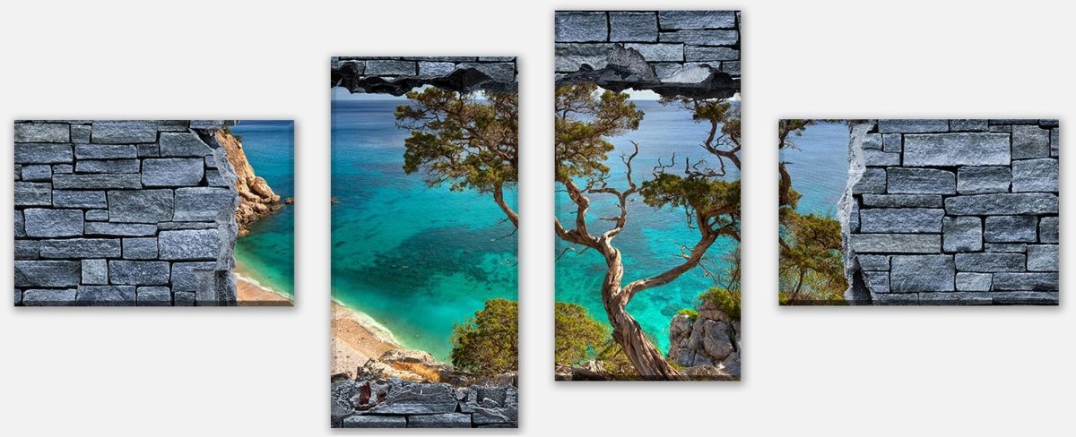 Stretched Canvas Print 3D Old tree on a cliff - rough stone wall M0636