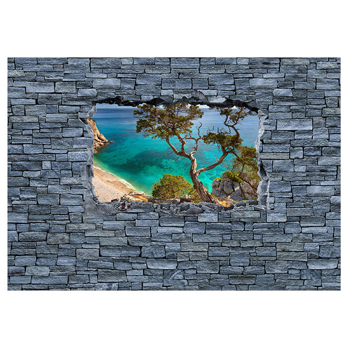 Fototapete 3D Alter Baum auf einer Klippe - grobe Steinmauer M0636 - Bild 2