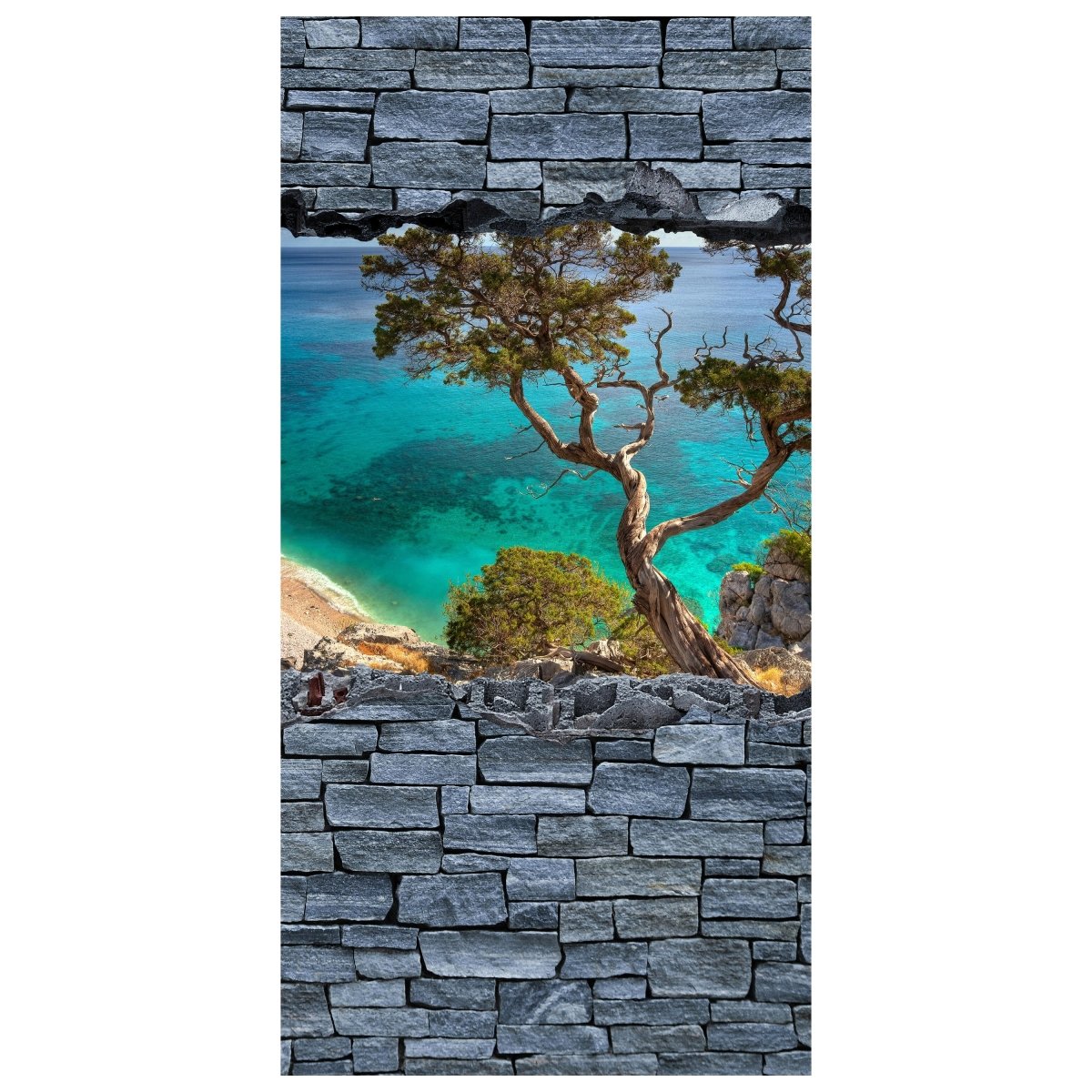 Türtapete 3D Alter Baum auf einer Klippe - grobe Steinmauer M0636 - Bild 2