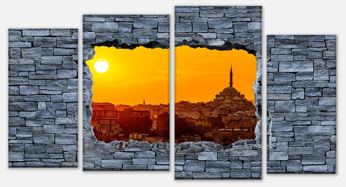Leinwandbild Mehrteiler 3D Sonnenuntergang Istanbul - grobe Steinmauer M0638