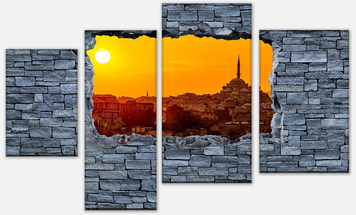 Leinwandbild Mehrteiler 3D Sonnenuntergang Istanbul - grobe Steinmauer M0638