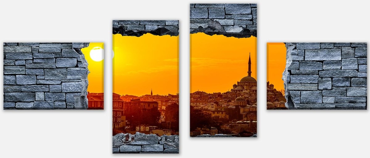 Leinwandbild Mehrteiler 3D Sonnenuntergang Istanbul - grobe Steinmauer M0638