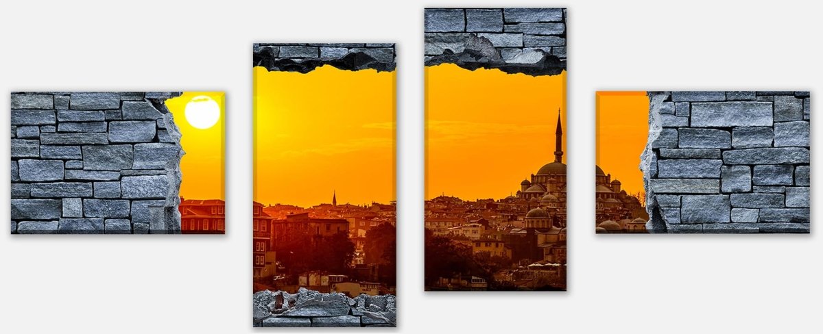 Leinwandbild Mehrteiler 3D Sonnenuntergang Istanbul - grobe Steinmauer M0638