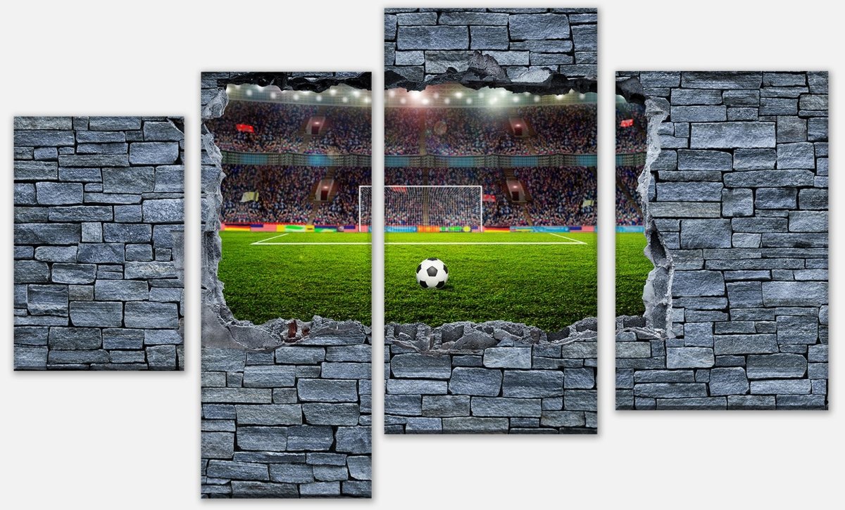 Leinwandbild Mehrteiler 3D Fußballfeld - grobe Steinmauer M0640
