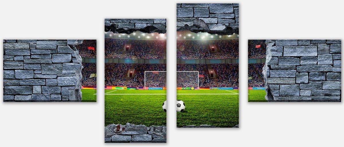 Leinwandbild Mehrteiler 3D Fußballfeld - grobe Steinmauer M0640