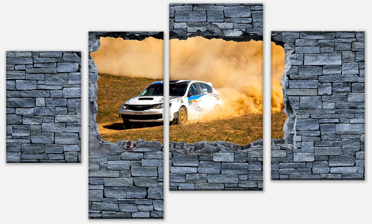 Leinwandbild Mehrteiler 3D Rallye Auto - grobe Steinmauer M0641