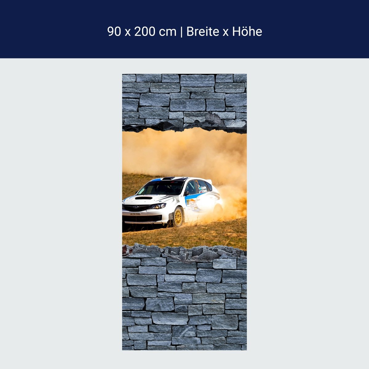 Türtapete 3D Rallye Auto - grobe Steinmauer M0641