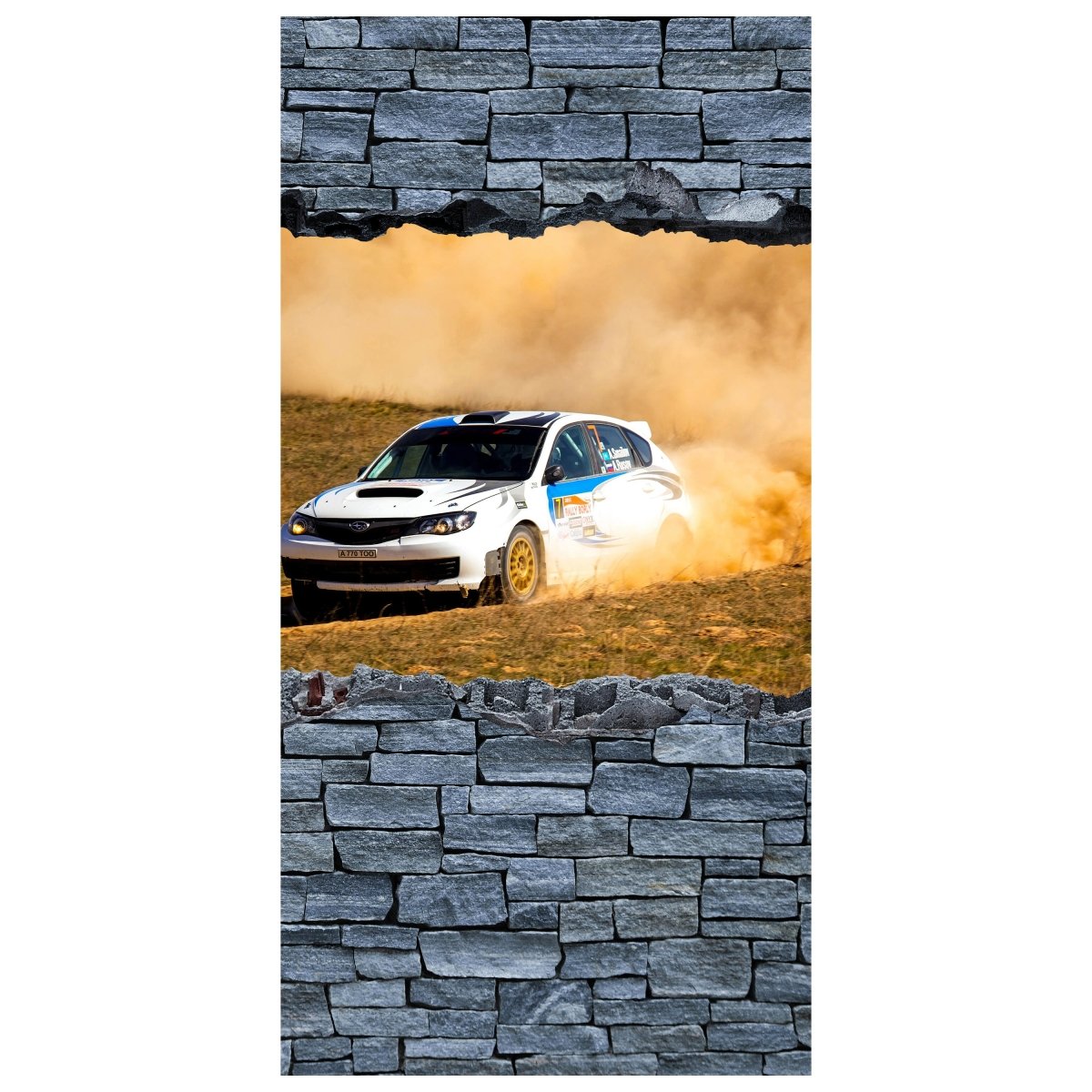 Türtapete 3D Rallye Auto - grobe Steinmauer M0641 - Bild 2
