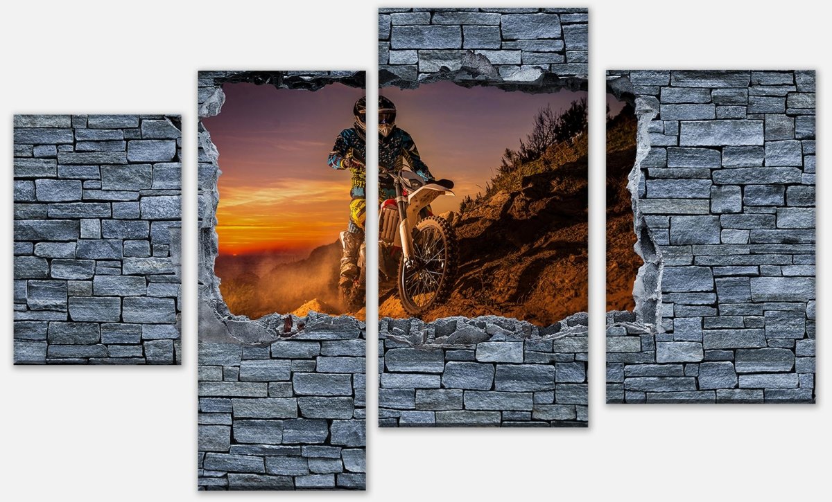 Leinwandbild Mehrteiler 3D Extreme Biker- grobe Steinmauer M0642