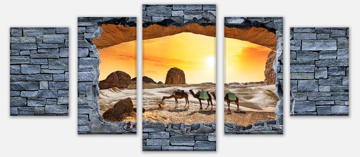 Leinwandbild Mehrteiler 3D Kamele in der Wüste- grobe Steinmauer M0643 entdecken - Bild 1
