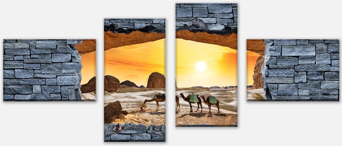 Leinwandbild Mehrteiler 3D Kamele in der Wüste- grobe Steinmauer M0643