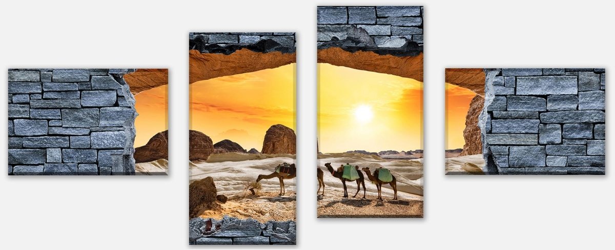 Leinwandbild Mehrteiler 3D Kamele in der Wüste- grobe Steinmauer M0643