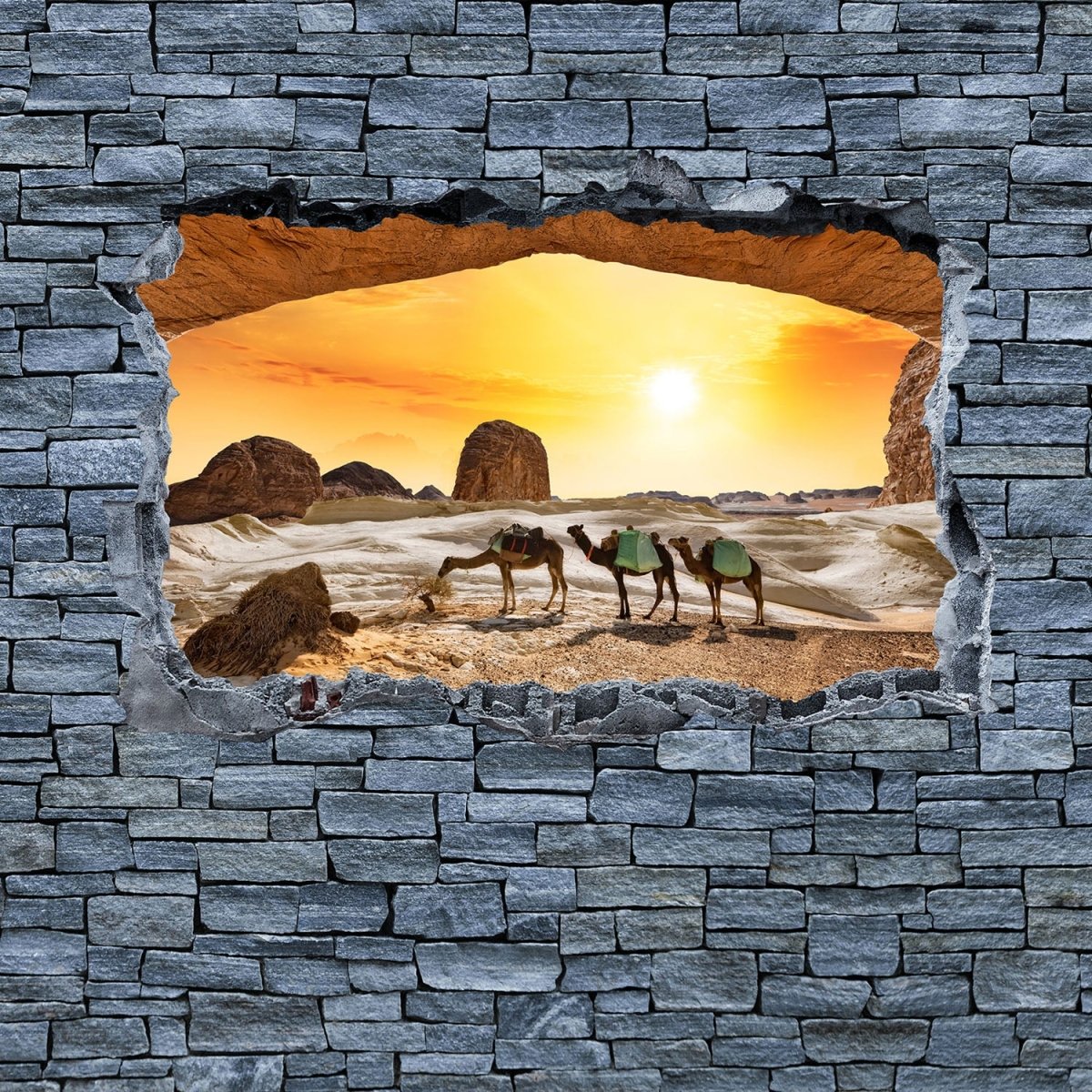 Beistelltisch 3D Kamele in der Wüste- grobe Steinmauer M0643 entdecken - Bild 2