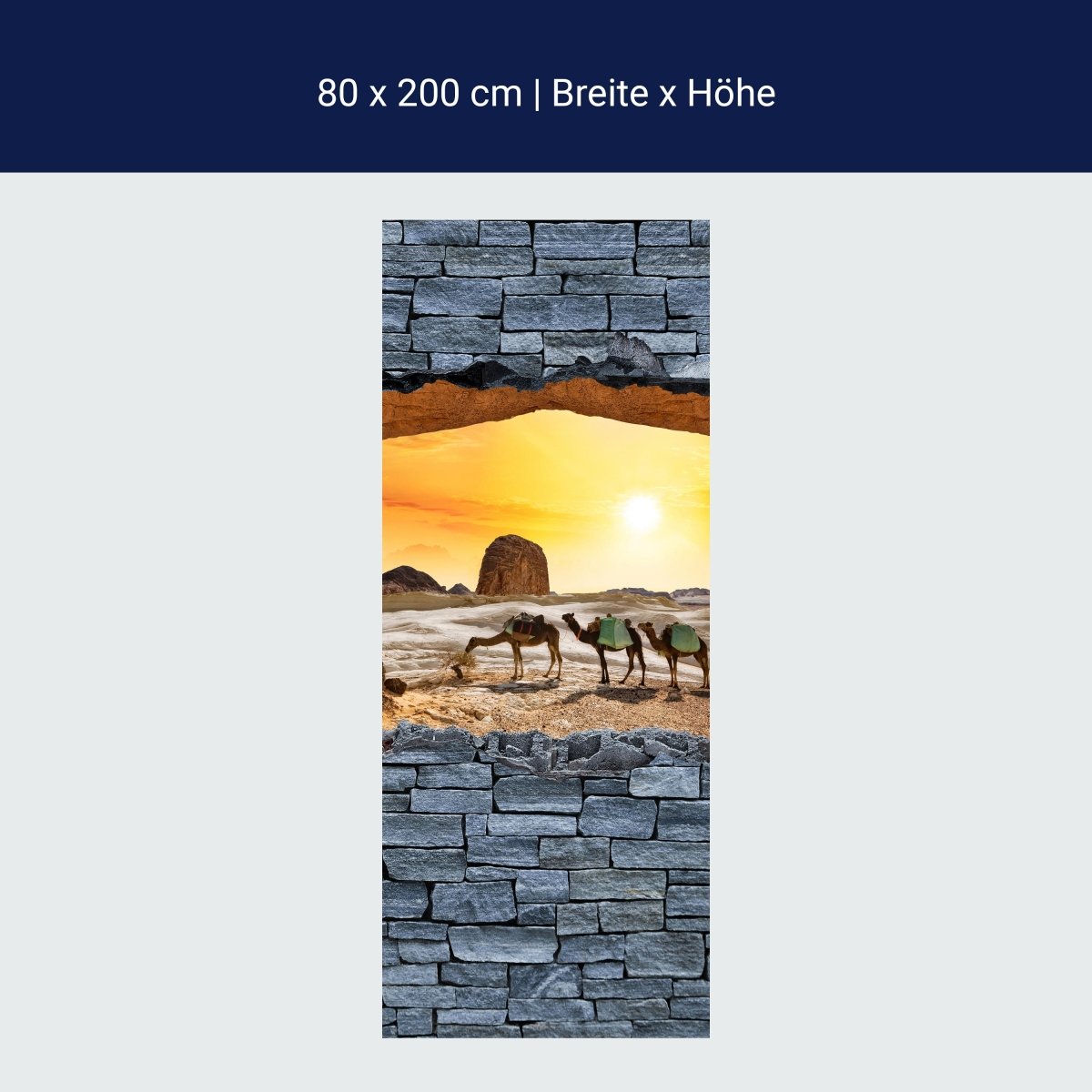 Türtapete 3D Kamele in der Wüste- grobe Steinmauer M0643